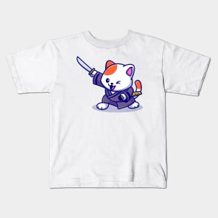 Cute Cat Samurai With Sword Cartoon Kids T-Shirt